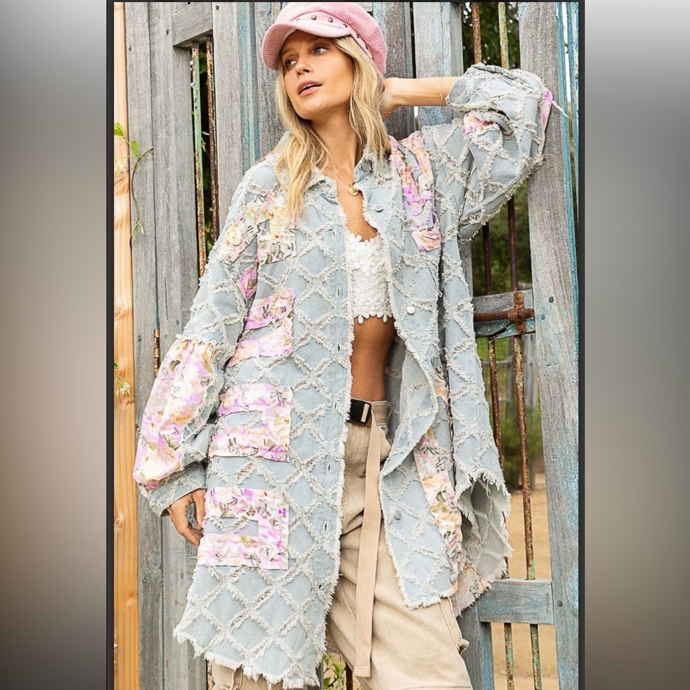 POL Floral Patchwork Jacket Duster Denim S 🩷 - Picture 2 of 7